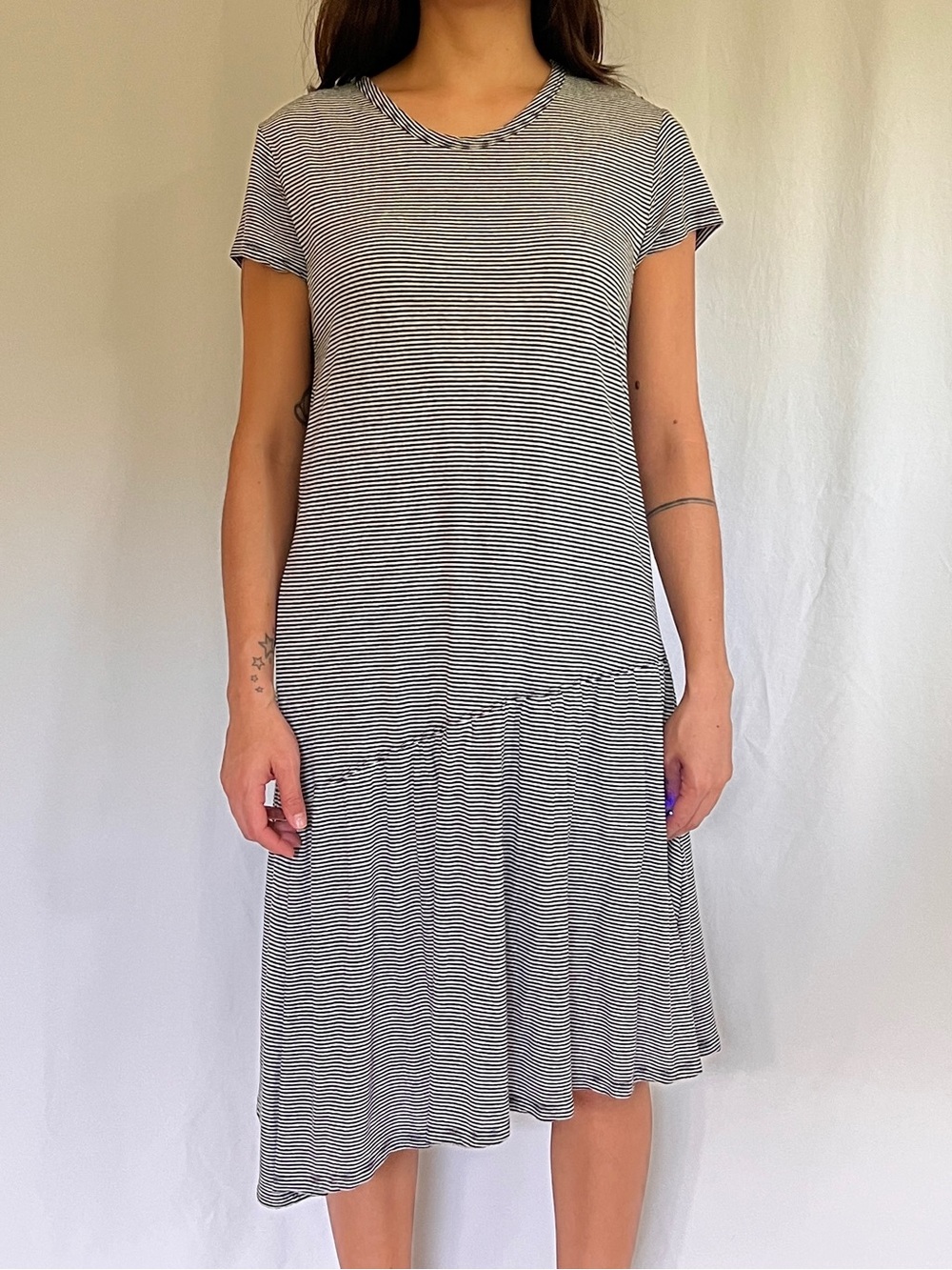 Dylan Black and White Striped Slant-Hem Midi Dress